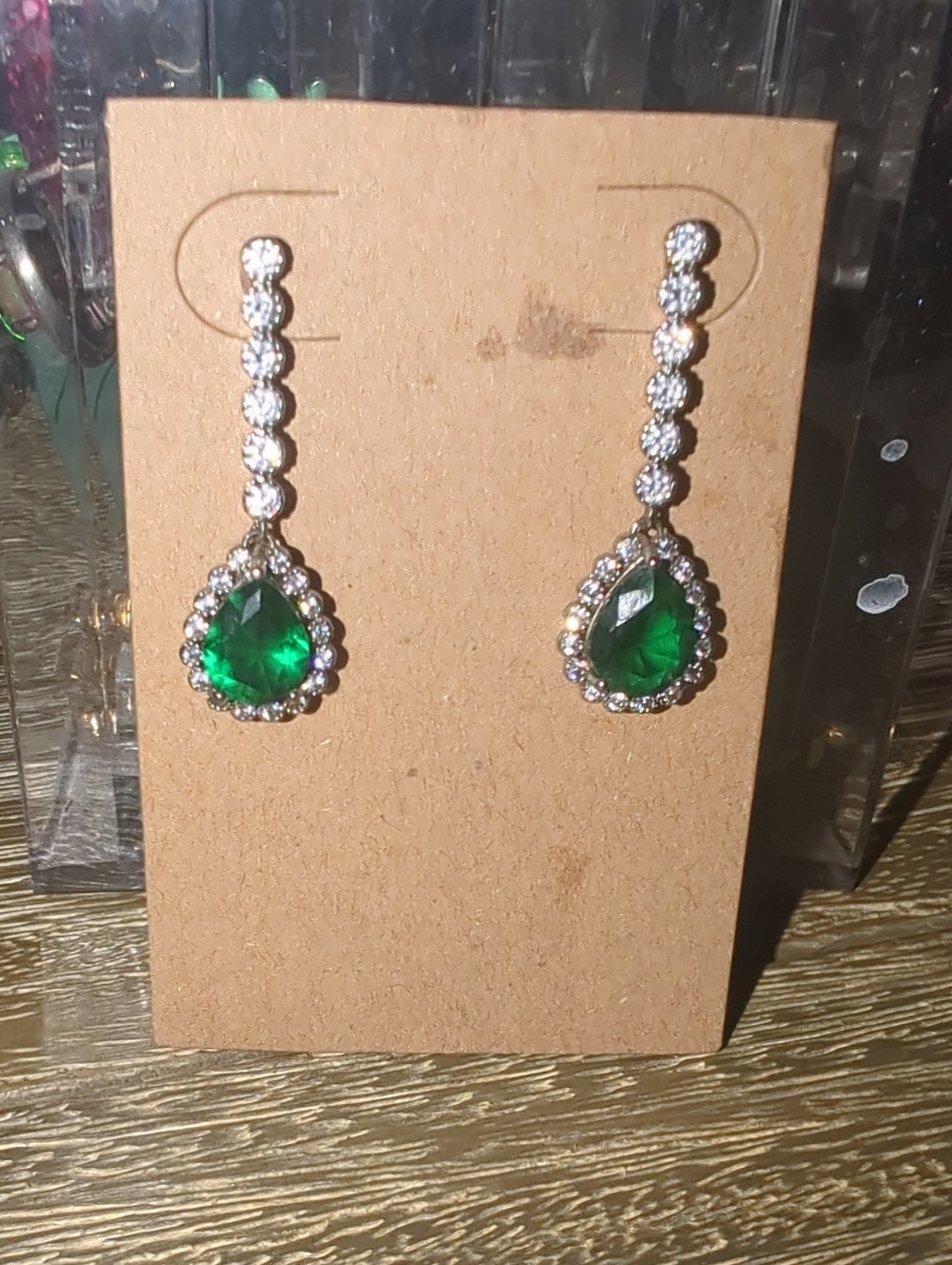 David's Bridal Green Teardrop Crystal Drop Earrings with Clear Accents
